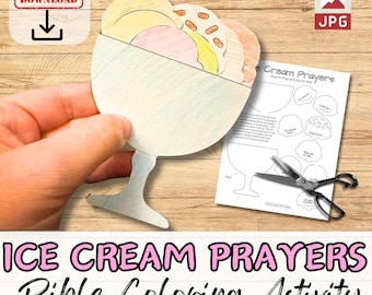 PRAYER ICE CREAM Coloring Craft Activity for Kids. Bible based printable prayer prompts. Sunday School/Youth. Diy Lesson Plan/Homeschool Kit