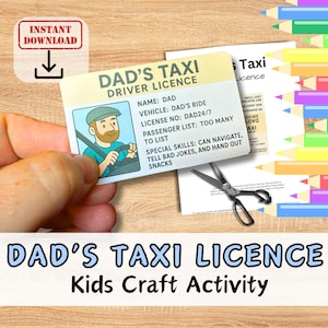 DAD’S TAXI: leuke nieuwigheid cadeaupapier knutselactiviteit voor kinderen om te maken voor verjaardag of kerstcadeau. Leuke afdrukbare autorijbewijskit