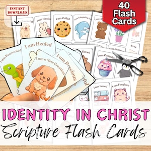 IDENTITÀ IN CRISTO Flash Cards. Versetti della Bibbia Carte colorate della Scrittura. Attività della chiesa per i giovani della scuola domenicale Lezioni di affermazione per bambini