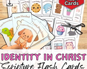 IDENTITY IN CHRIST Flash Cards. Bible verse Colourful Scripture Cards. Sunday School Youth Church Activity Affirmation lessons for Kids