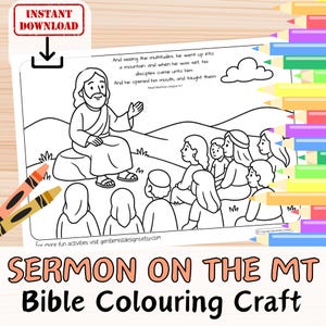 Puede incluir: Dibujo lineal en blanco y negro de una página para colorear de la Biblia titulada "Sermón en el Monte". La imagen representa a Jesús enseñando a una multitud de personas. Las palabras "Descarga instantánea" están en un sello rojo.