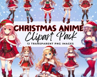 ANIME CHRISTMAS Santa Girls Clipart Pack. Junk Journal Card Making High Quality Transparent 300 dpi PNG images Commercial Use Clip Art