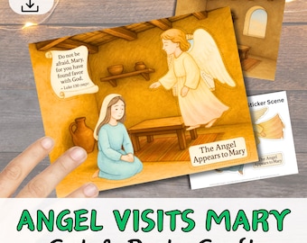 May include: A cut-and-paste craft featuring an angel visiting Mary. The scene is set in a room with a table and pottery. The angel is depicted with wings, and Mary is kneeling. The text reads "Angel Visits Mary" and "Cut & Paste Craft."