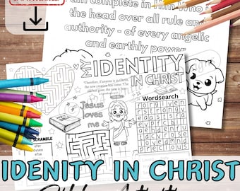 May include: Black and white printable coloring page with a maze, word search, and a scripture quote about identity in Christ. The page includes the text "Identity in Christ" and "Bible Activities".