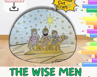 May include: A circular paper craft depicting the Wise Men on camels, with a guiding star. The illustration is in a cartoon style with a desert scene and stars. Text reads "THE WISE MEN 3D Bible Scene Craft" and "Instant Download".