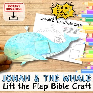 JONAH & THE WHALE Bijbelverhaal Lift The Flap Paper Craft for Kids Zondagsschool Kleurplaat Christian Printable Diy Kit knippen, plakken