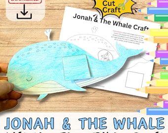 Pode incluir: Uma atividade artesanal imprimível para crianças com Jonas e a baleia. A atividade inclui uma baleia com uma aba que pode ser levantada para revelar Jonas dentro. A baleia é azul e branca sobre um fundo azul claro. O texto "Jonah & The Whale Lift the Flap Bible Craft" está na parte inferior da imagem.