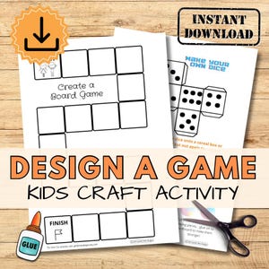 May include: Printable craft activity for kids to design their own board game. The printable includes a game board template, a dice template, and instructions for creating a game. The printable is black and white and has a yellow download button.