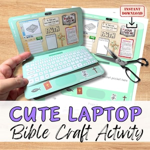 JOLI ORDINATEUR PORTABLE avec poche cachée et versets bibliques en papier pour enfants à imprimer pour l'école du dimanche/groupe de jeunes de l'église. Kit de bricolage. École à la maison