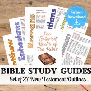 May include: A set of 27 printable Bible study guides for the New Testament. Each guide features a colourful bookmark-style design with the book's name, author, and a brief description. The guides are ideal for personal study or group discussions.