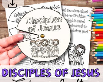 May include: A printable black and white spinner craft featuring the disciples of Jesus. The spinner includes a circle with the names of the disciples and a separate circle with illustrations of the disciples. The text "Disciples of Jesus Spinner Craft" is printed below the spinner.