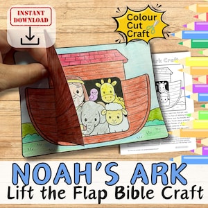 NOAH'S ARK Bijbelverhaal Til de klep op Papier Knutselen voor kinderen Zondagsschool Kleurplaat knippen, plakken Christian diy afdrukbare activiteitenkit