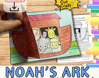 May include: A colorful, illustrated Noah's Ark lift-the-flap craft. The image shows the ark with animals and the text "NOAH'S ARK Lift the Flap Bible Craft". The image also includes the text "INSTANT DOWNLOAD" and "Colour Cut Craft".