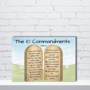 May include: A print featuring "The 10 Commandments" with text from Exodus 20. The artwork displays two stone tablets with the commandments listed. The background has a light blue sky and green grass.