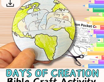 Può includere: Un'attività di artigianato disegnata a mano con un globo con alette che illustrano i giorni della creazione. Il testo "DAYS OF CREATION Bible Craft Activity" è in basso. Include un'icona "DOWNLOAD IMMEDIATO".