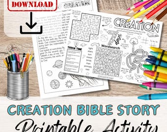 May include: A printable activity sheet for kids featuring a black and white illustration of the creation story from the Bible. The sheet includes a word search, maze, and trivia questions. The text "Creation" is written in large letters at the top of the sheet.