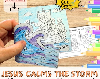 May include: A colorful, illustrated Bible craft titled "Jesus Calms the Storm." The image shows a boat with figures, waves, and the text "Still." The craft is a lift-the-flap design, with additional coloring pages.