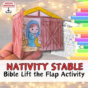 May include: A paper Nativity Stable lift-the-flap activity, depicting a barn scene with illustrations of Mary, baby Jesus, and a cow. The text "NATIVITY STABLE Bible Lift the Flap Activity" is displayed below the image. Includes an instant download icon.