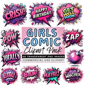 Meninas Super-herói COMIC BOOK Balões de fala e provérbios Clipart. Cartão Fazendo Arte Gráficos Transparentes 300 dpi Imagens PNG Uso Comercial Clip Art