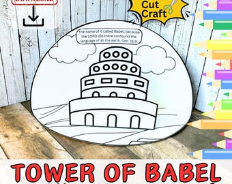 May include: A black and white printable craft of the Tower of Babel, a 3D Bible scene craft. The craft includes a quote from Genesis 11:9, "The name of it called Babel; because the LORD did there confound the language of all the earth."