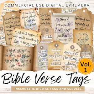 VERSETS BIBLIQUES, étiquettes, et, rouleaux, éphémère, clipart. Graphiques de journaux indésirables. Images chrétiennes de style vintage mot foi chutes usage commercial clipart