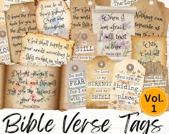 BIBLE VERSE Tags & Scrolls Ephemera Clipart. Junk Journal Graphics. Vintage style Christian images Faith word Scraps Commercial Use Clip Art