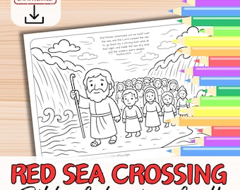 May include: A black and white line drawing depicting Moses and people crossing the Red Sea, with a Bible verse. The image is titled "Red Sea Crossing Bible Colouring Craft" and is available for instant download.