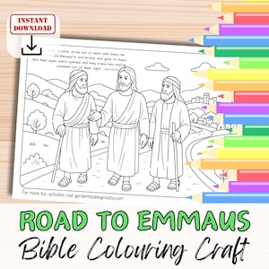 May include: Black and white line art coloring page titled "Road to Emmaus Bible Colouring Craft." The image depicts three figures walking on a road, with text from Luke 24:30-31. Includes a download icon and a link to gentlemistdesigns.etsy.com.