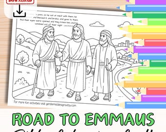 Puede incluir: Página para colorear en blanco y negro titulada "Road to Emmaus Bible Colouring Craft". La imagen representa a tres figuras caminando por un camino, con texto de Lucas 24:30-31. Incluye un icono de descarga y un enlace a gentlemistdesigns.etsy.com.