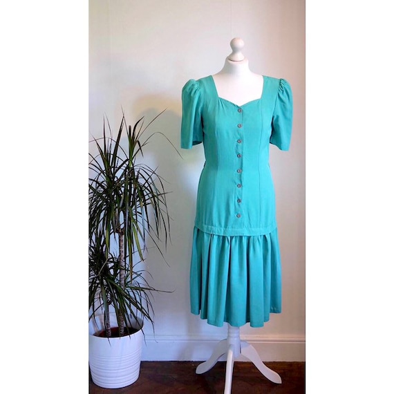 sachin and babi light blue dress Vintage 1980s Green Fitted Drop Waist Dress S