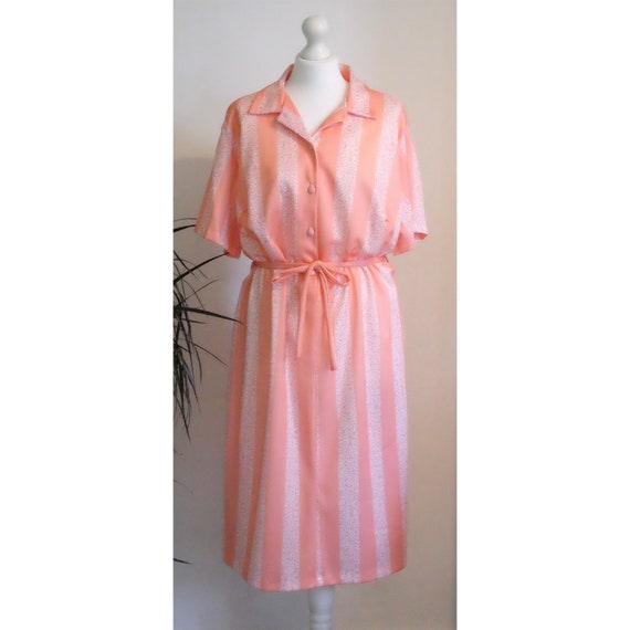 Vintage 1960s Salmon Pink White Striped Belted Dre