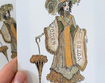 Votes for Women Suffragette postcard / Costume Fashion Illustration / Sketch / Gold Suffragette / Edwardian / Victorian / Meg Lara Atelier
