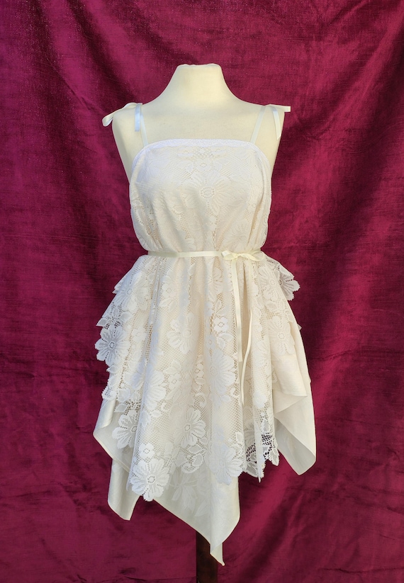 Boho Fairy tunic: Reclaimed Vintage Lace Tablecloth, Hanky Hem, Mini dress, Pixie, Renfaire, Cottage, Fairycore
