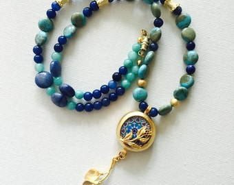 Lapis lazuli necklace/ gold plated floral pendant/ calla lily necklace/ beaded necklace/ persian mosaic/ turquoise necklace.