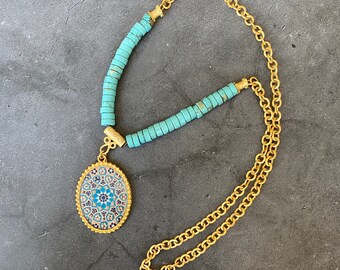 Large necklace/ statement necklace/ long necklace/ Persian jewelry/ turquoise howlite/ large pendant/ gold plated necklace