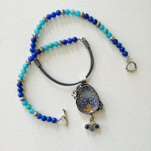 Blue Beads and Leather Necklace/ Large Necklace/ Floral Design/ Statement Necklace/ Persian Mosaic/Tassel/ Arabesque/ Boho Chic