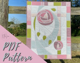 Rose with a bud Stained Glass Patchwork PDF pattern