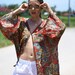 Mini kimono duster with bell sleeves - cotton gauze, beautiful red paisley design
