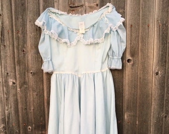 Rare size 15 dress light blue Gunne Sax cottagecore vintage boho 1970s prairie romantic renaissance bridal collection