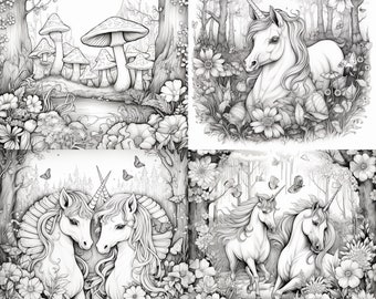 40 High quality adult coloring page digital book magical forest animals dragons owls unicorns mushrooms