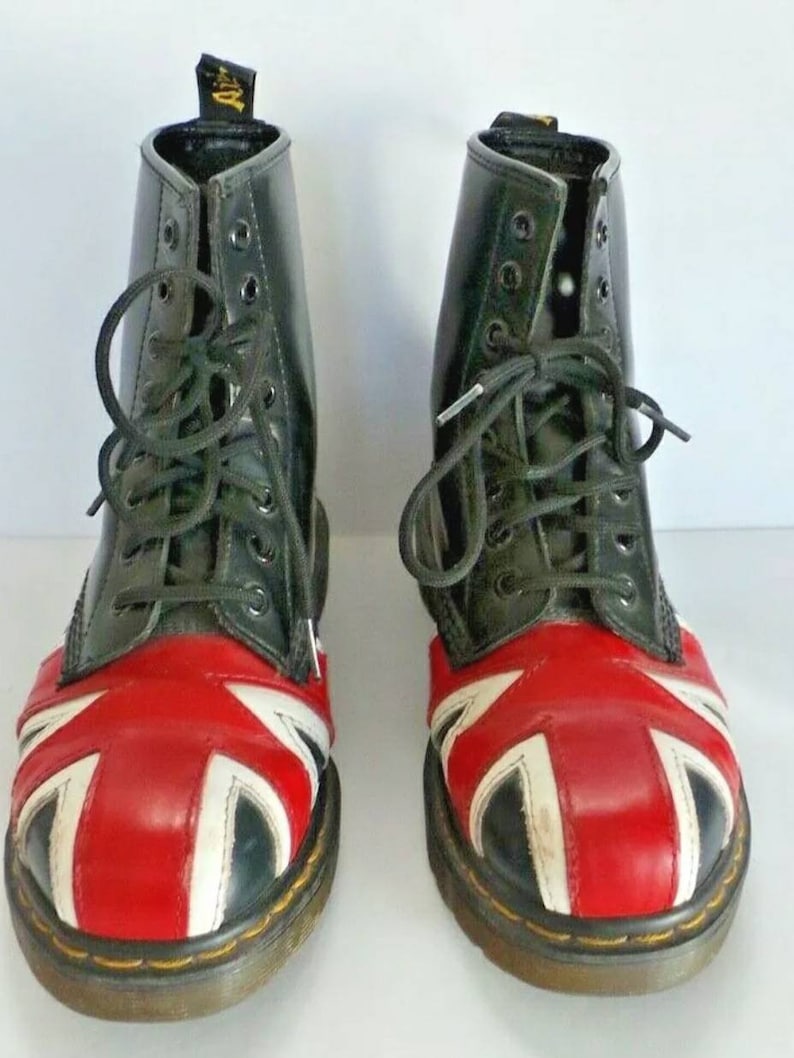 Size 7 womens, size 6 mens, EU 38 UK 5 90s clothing vintage dr martens union jack boots red and black leathe christmas gift made in England 