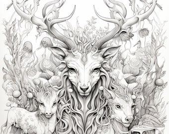 60 High quality adult coloring page digital book magical forest animals dragons owls unicorns mushrooms