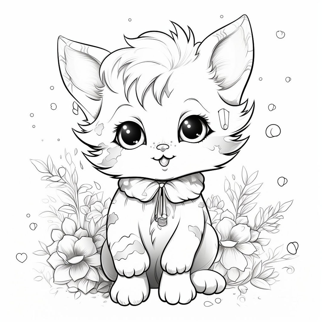 12 Cat Coloring Pages, Adults and Children Printable and Digital ...