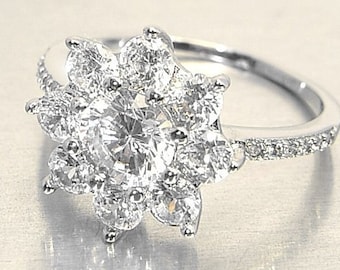 2.38ct Natural Diamond and Moissanite - Solid14K white gold flower halo engagement ring.