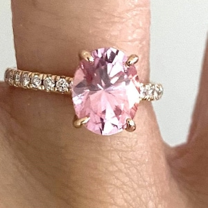 14K solid Rose gold - 2.50 carat Padparadscha Peach Sapphire - 0.26carat natural diamond - Hidden halo Engagement Ring