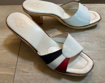 Vintage Red White Blue Leather, Wooden Heeled Mules, Made in Italy Sandals + bonus clips