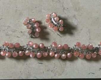 Vintage Charel Pink Moonglow with rhinestones Silver tone bracelet and earrings set.