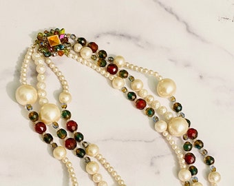 Fabulous Vintage Vendome Beaded Prototype clasp Giant 3 strand Pearl Necklace, Amazing French Designer Couture Style