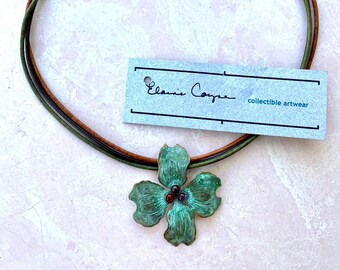 Vintage Elaine Coyne Verdigris Patina Dogwood Flower Necklace Choker Collectible Artwear