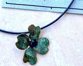 Vintage Elaine Coyne Verdigris Patina Dogwood Flower Necklace Choker Collectible Artwear